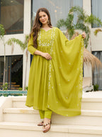 The52 Lemons Women's Gorgeous Chinon Embroidered Flared Kurta with Pant And Dupatta Set - Distacart