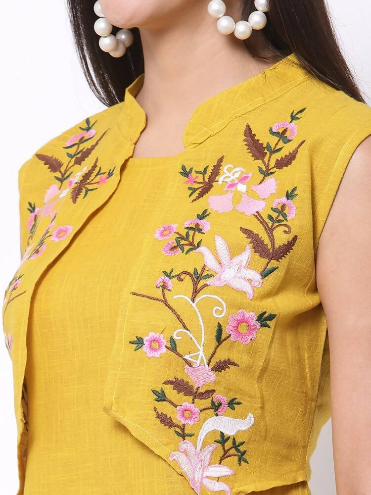 Myshka Women's Rayon Printed 3/4 Sleeve Round Neck Casual Yellow Dress