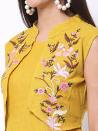 Myshka Women's Rayon Printed 3/4 Sleeve Round Neck Casual Yellow Dress
