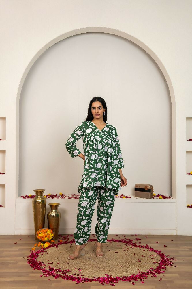 Joban Fashion Green Hand Block Printed Cotton Co-Ord Set - Distacart