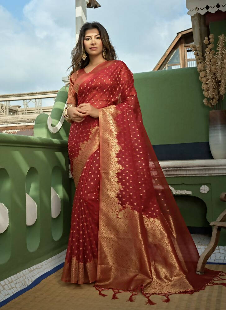 Delightful Designer Maroon Color Organza Silk Saree With Weaving Work - Yomika Fashions