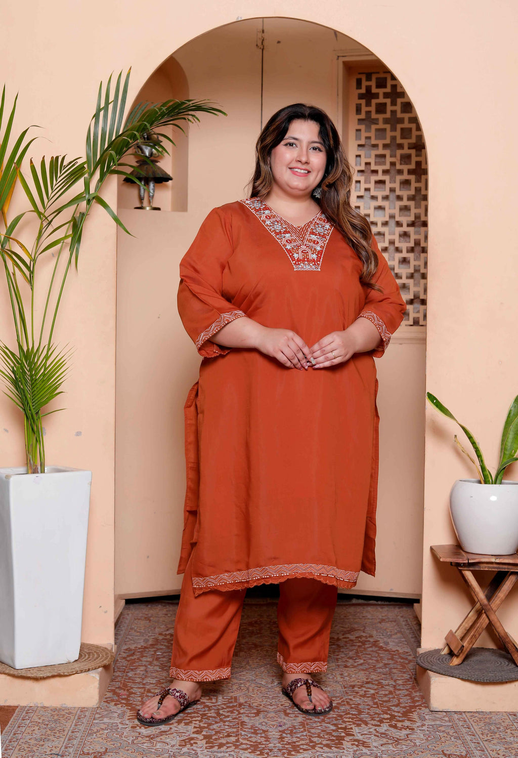 Miravan Women's Plus Size Orange Embroidered Straight Kurta with Palazzo and Dupatta set - Distacart