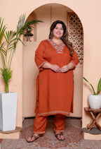 Miravan Women's Plus Size Orange Embroidered Straight Kurta with Palazzo and Dupatta set - Distacart