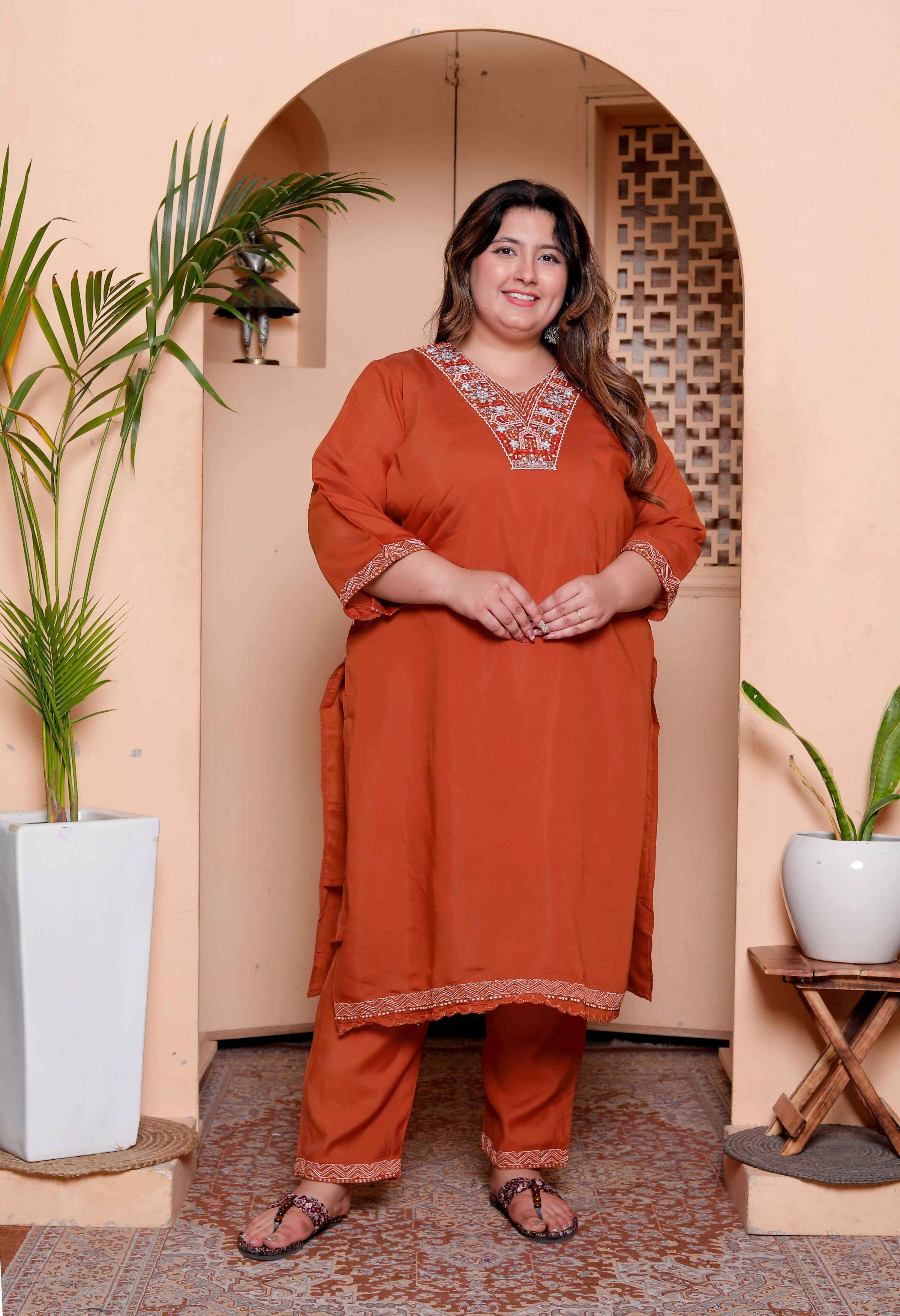 Miravan Women's Plus Size Orange Embroidered Straight Kurta with Palazzo and Dupatta set - Distacart