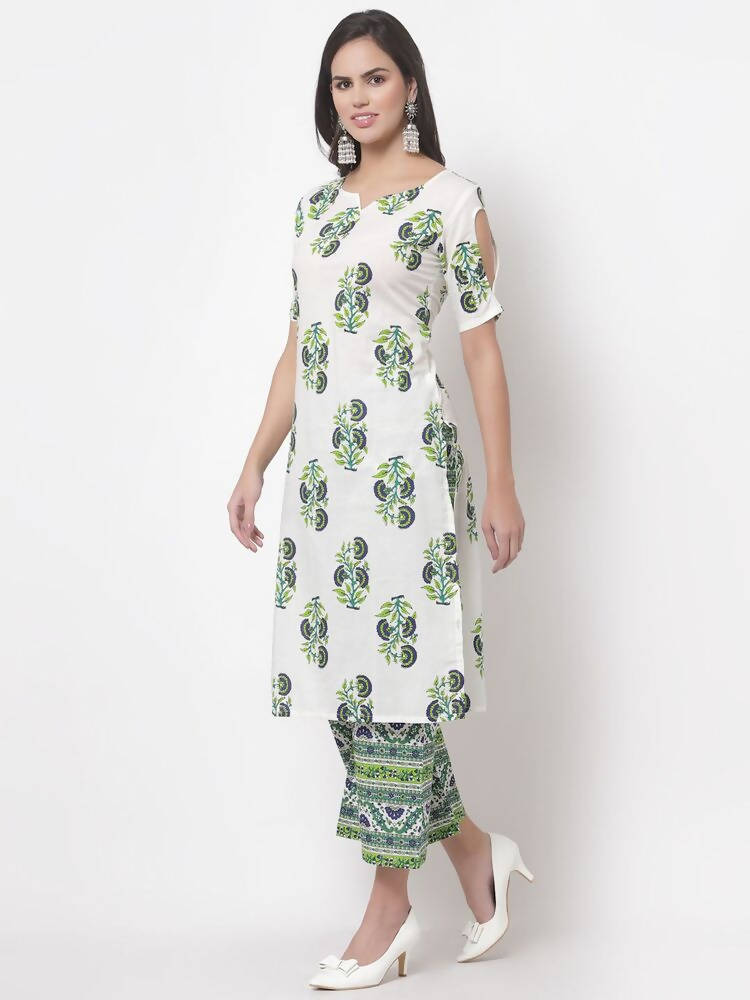 Myshka Women's White Cotton Blend Printed Half Sleeves V Neck Casual Kurta with Palazzo Set