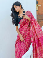 Zibaa Hand-Blocked Pure Chanderi Silk Pink Saree - Distacart