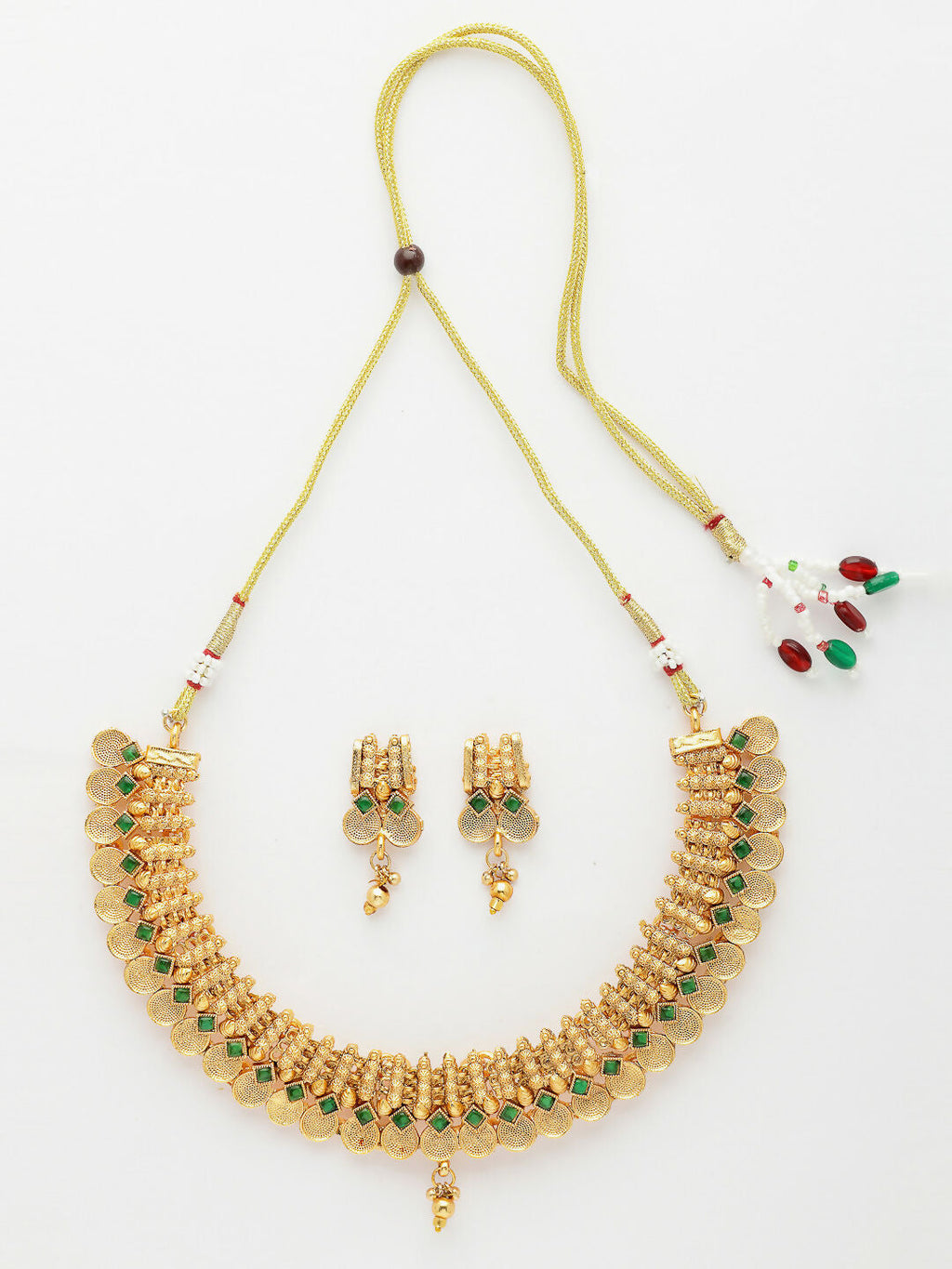 NVR Women's Gold-Polished Green Stone Studded Handcrafted Temple Jewellery Set