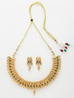 NVR Women's Gold-Polished Green Stone Studded Handcrafted Temple Jewellery Set