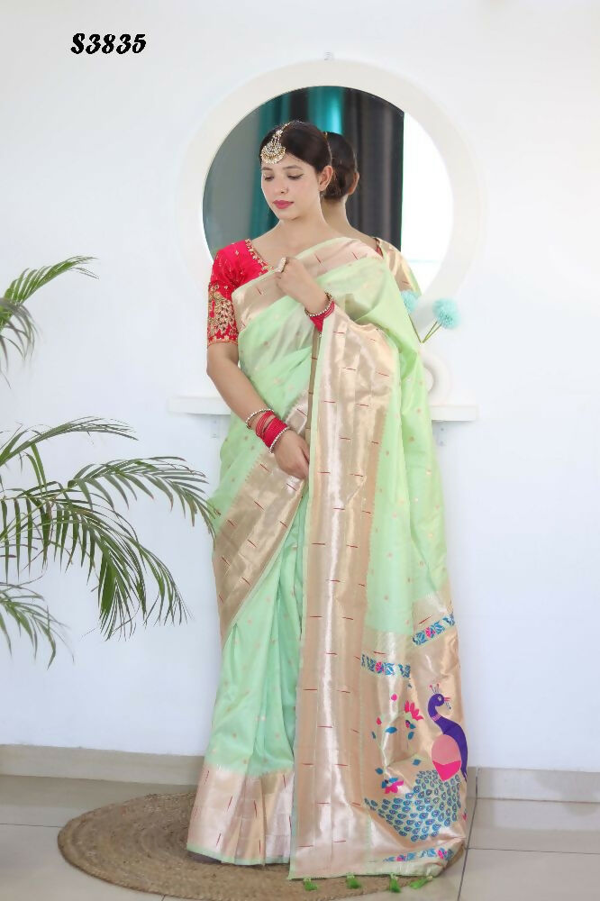 Pista Woven Jacquard Designer Embroidery Work Party Wear Saree - Parampara