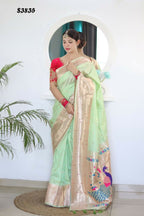 Pista Woven Jacquard Designer Embroidery Work Party Wear Saree - Parampara