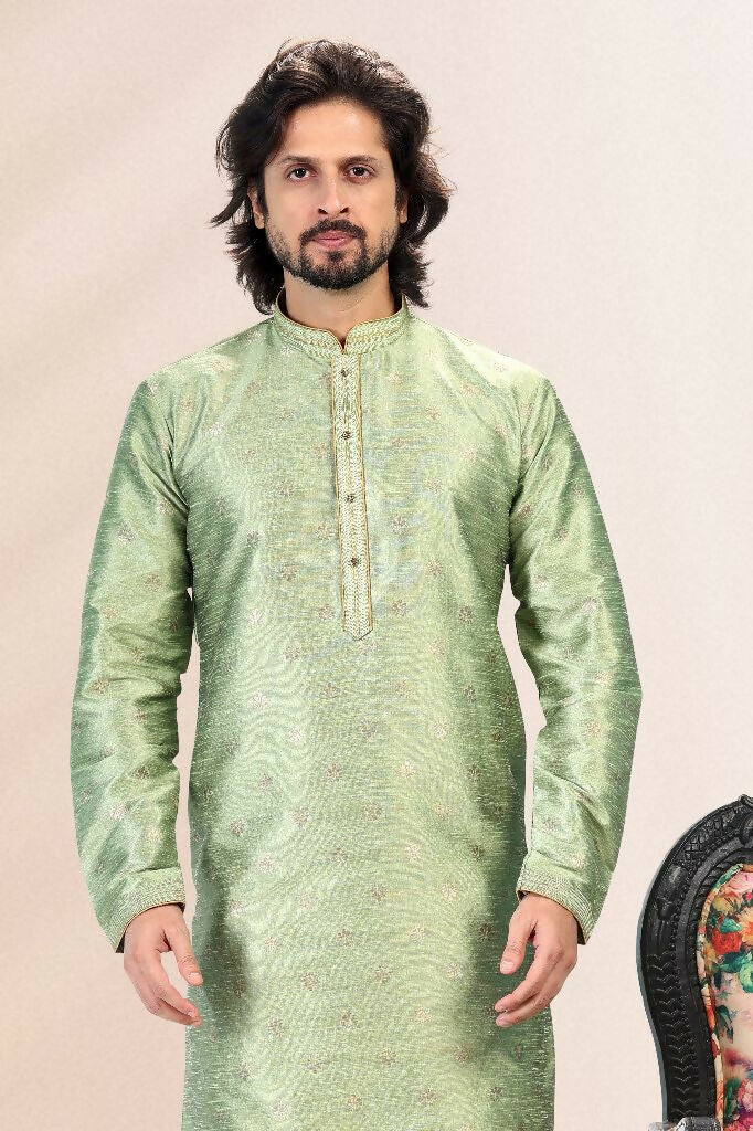 Raivat Ethnic Jacquard Banarasi Silk Pintux Work Kurta Pajama In Green Colour