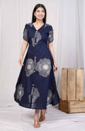 Miravan Women's Blue Floral Printed Front Buttoned A-Line Maxi Dress