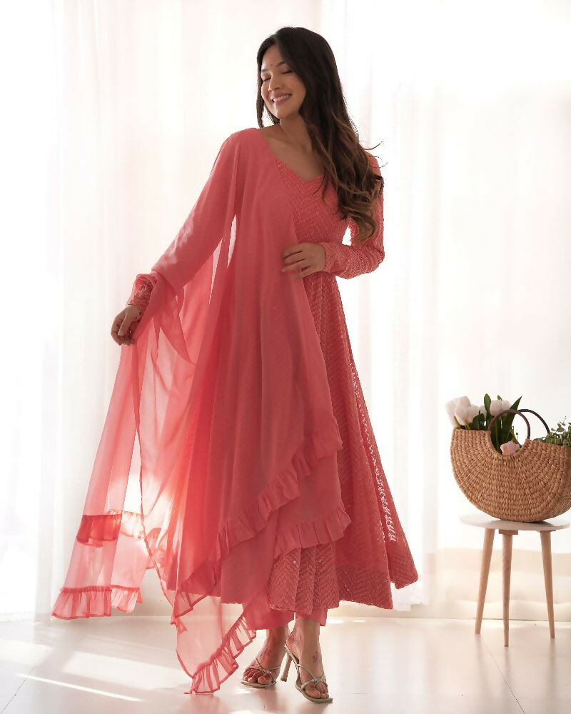 Joban Fashion Peach Kurta Set Georgette Sequence Embroidery Work - Distacart