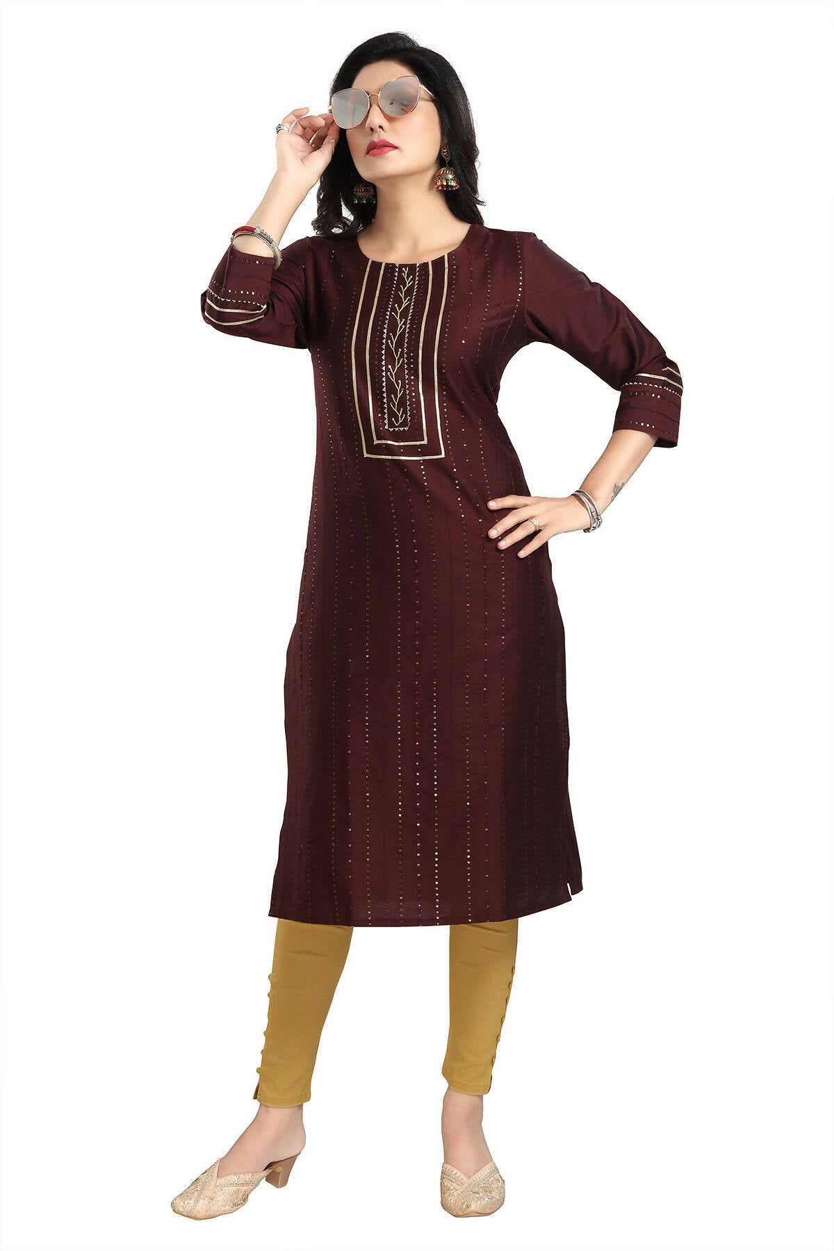 Snehal Creations Beautiful Brown Cotton Silk Designer Long Kurti Tunic With Sequines Embroidery - Distacart