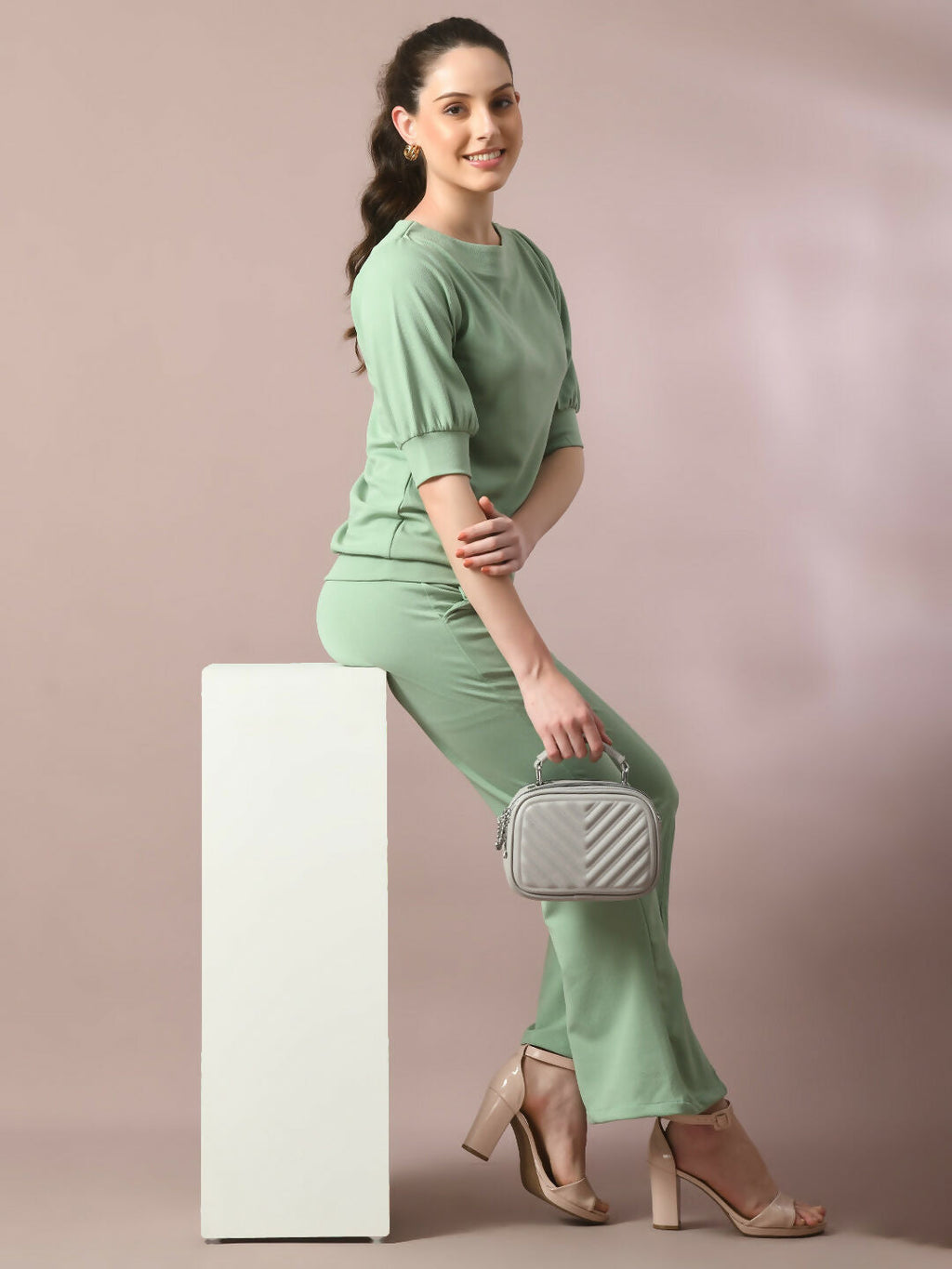 Myshka Women's Sea Green Solid Boat Neck Party Top With Trousers Co-ord set
