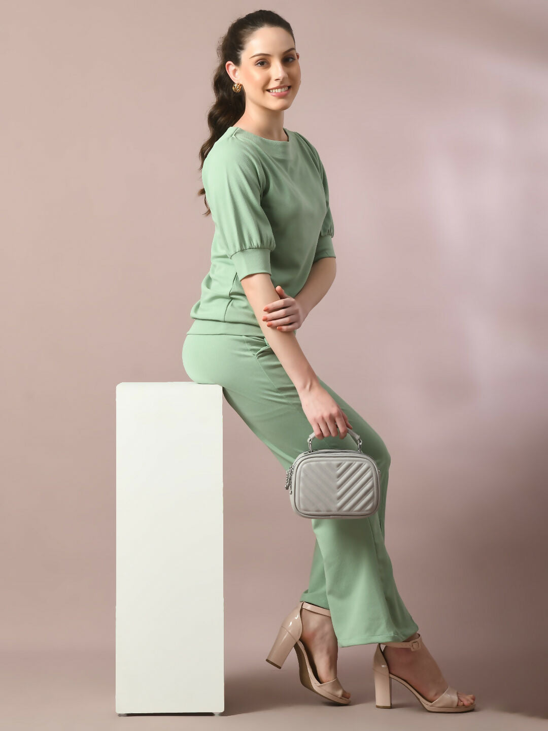 Myshka Women's Sea Green Solid Boat Neck Party Top With Trousers Co-ord set