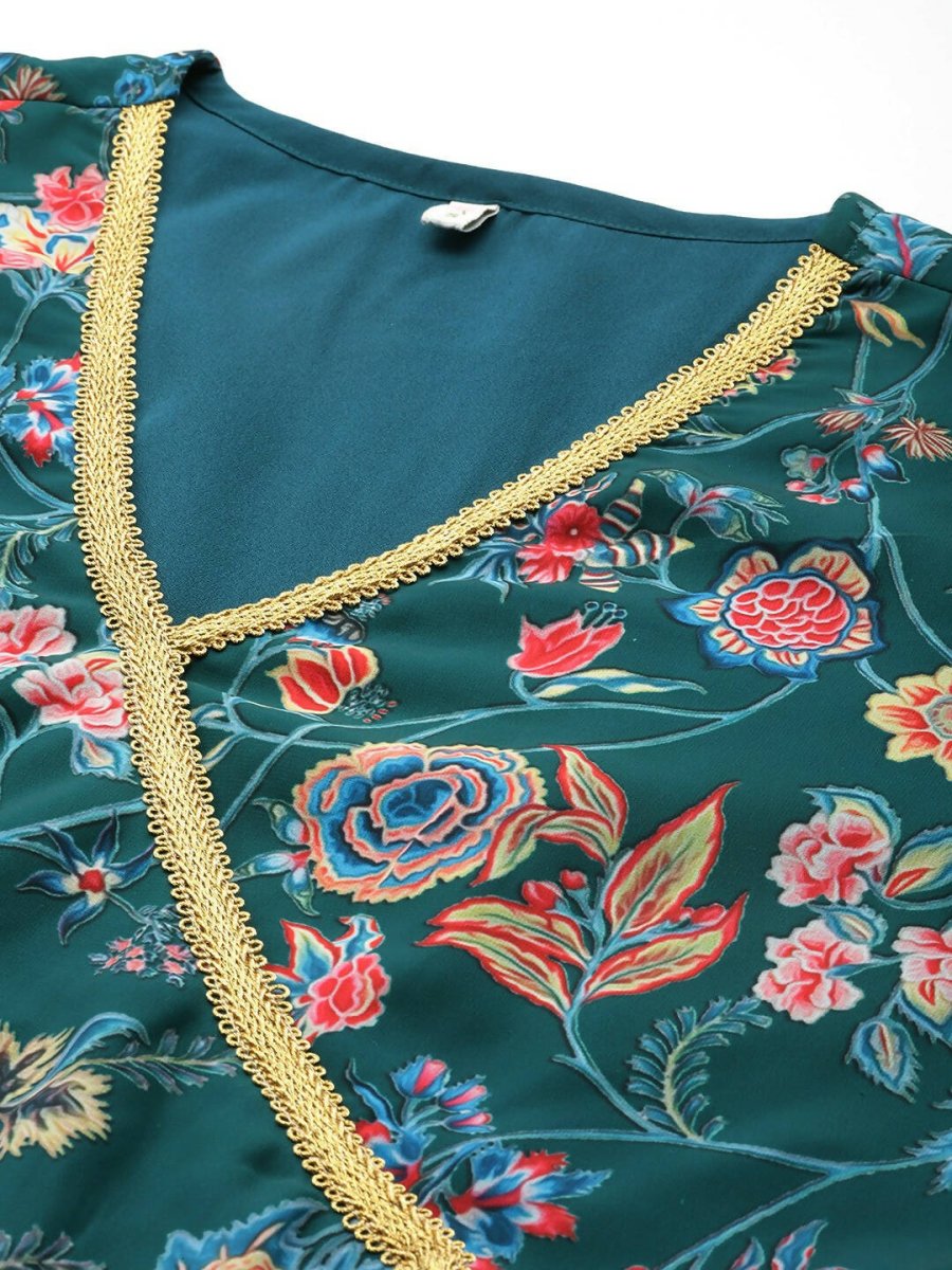 Ahalyaa Women Floral Printed Angrakha Kurta with Palazzos - Green Color