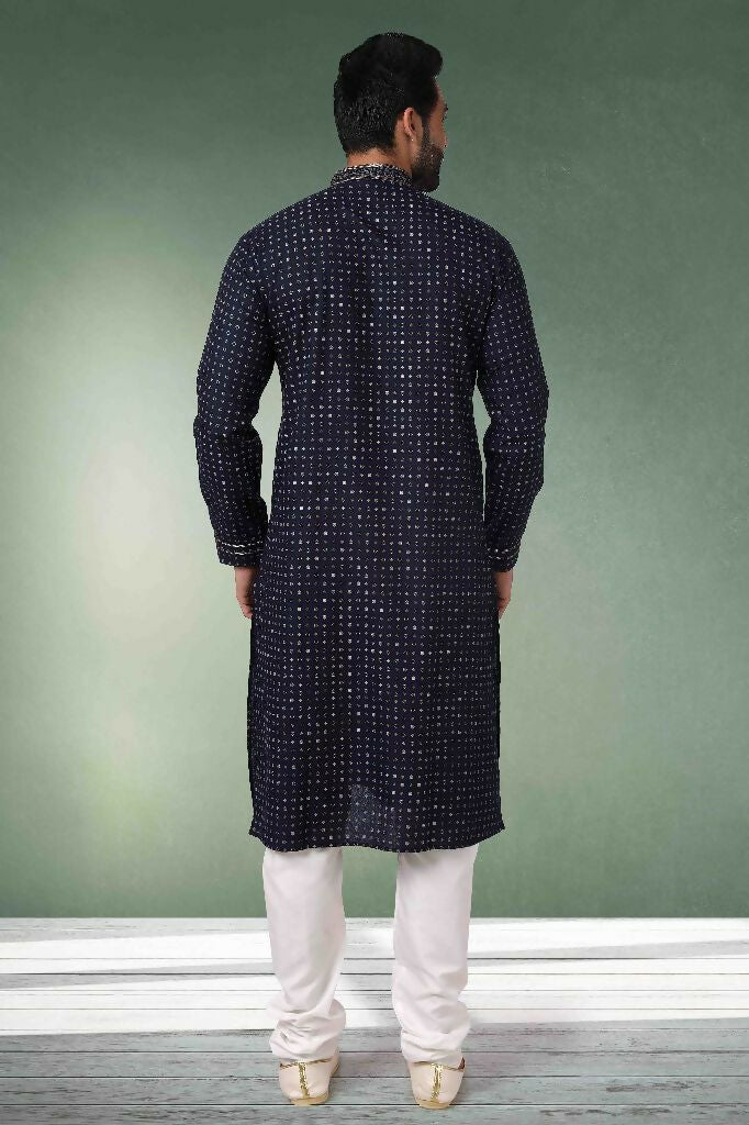 Raivat Ethnic Cotton Printed Work Kurta Pajama In Navy Blue Colour