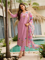 The52 Lavender Women's Gorgeous Embroidered work Viscose Gadhwal Fabric Straight Kurta, Pant and Dupatta Set - Distacart