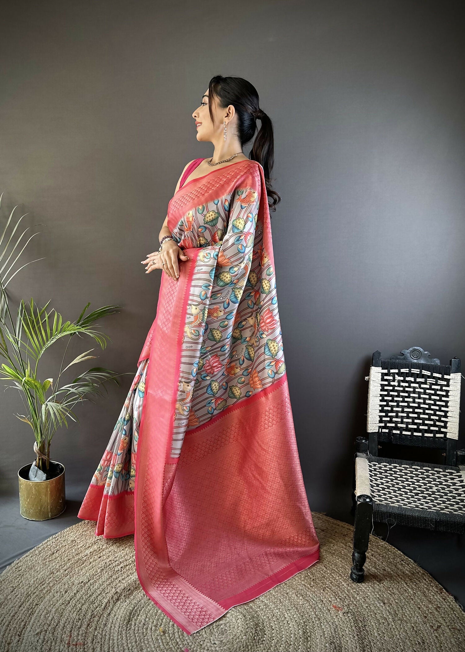 Joban Fashion Multi-Color Floral Digital Print Soft Lichi Silk Paithani Saree - Distacart
