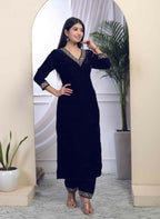 Miravan Women's Blue Velvet Embroidered/Sequence Work Straight Kurta with Palazzo