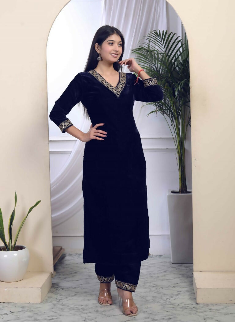 Miravan Women's Blue Velvet Embroidered/Sequence Work Straight Kurta with Palazzo