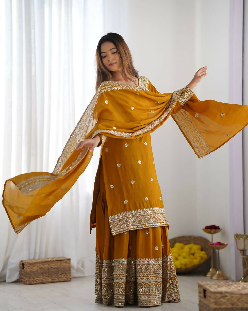 Joban Fashion Mustard Kurta Set Silk Sequins , Zari, Coding & Thread Embroidered work - Distacart