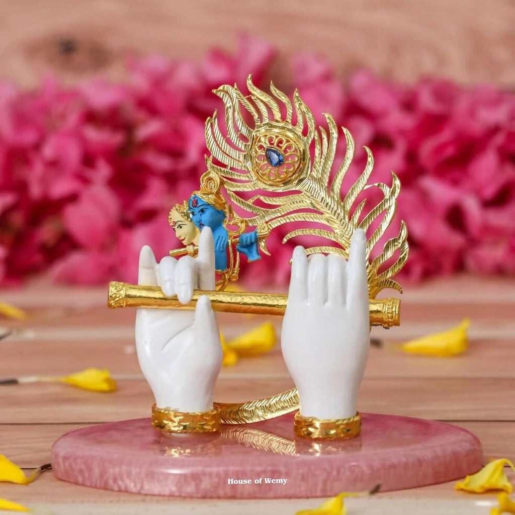House Of Wemy Gold-Polished Lord Krishna Hands Idol with Flute, Face and Pecock Feather