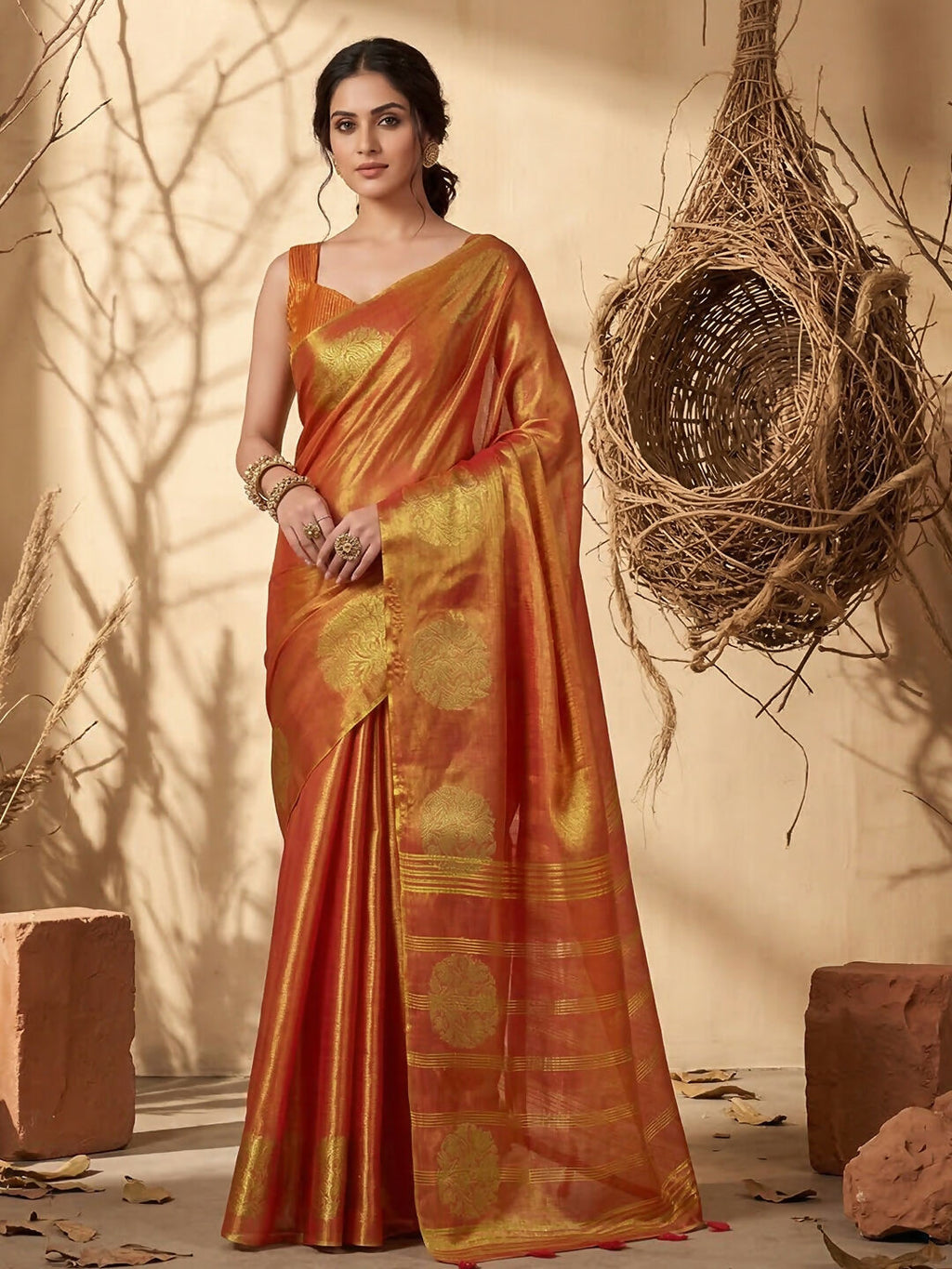 Shree Shyam Fashion Rust Tissue Silk Saree - Distacart