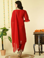 Myshka Women's Red Georgette Kurta & Trousers With Dupatta Party Sets