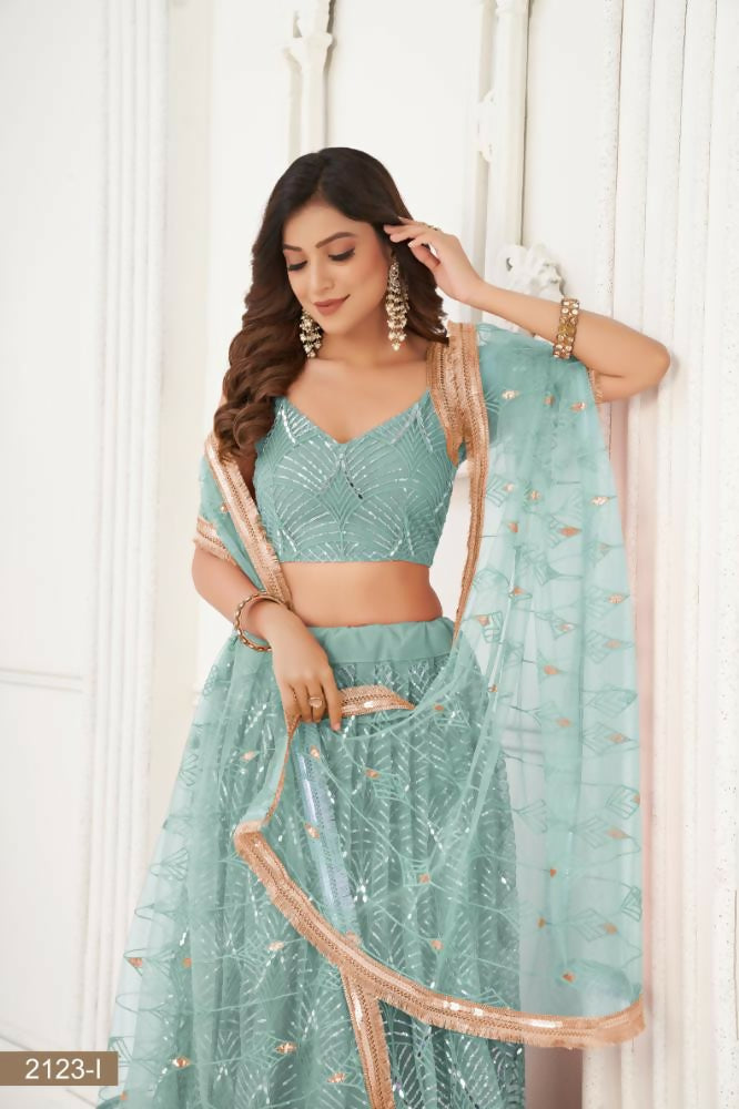 Aastha Fashion Ocean Blue Butterfly Net Tone To Tone Thread Work, Sequence Work And Original Mirror Work Embroidery Wedding Wear Lehenga Choli