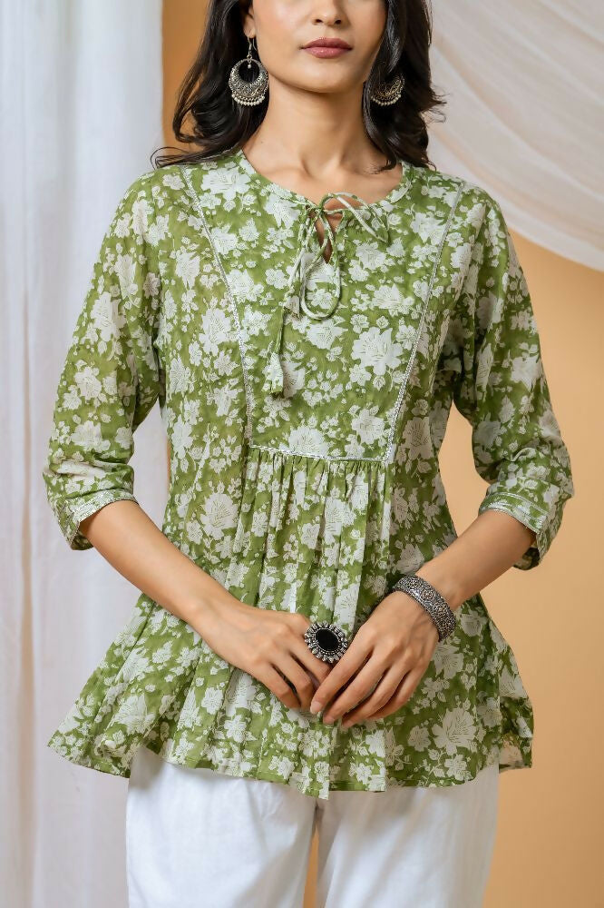 Joban Fashion Green Floral Hand Block Printed Cotton Co-Ord Set - Distacart