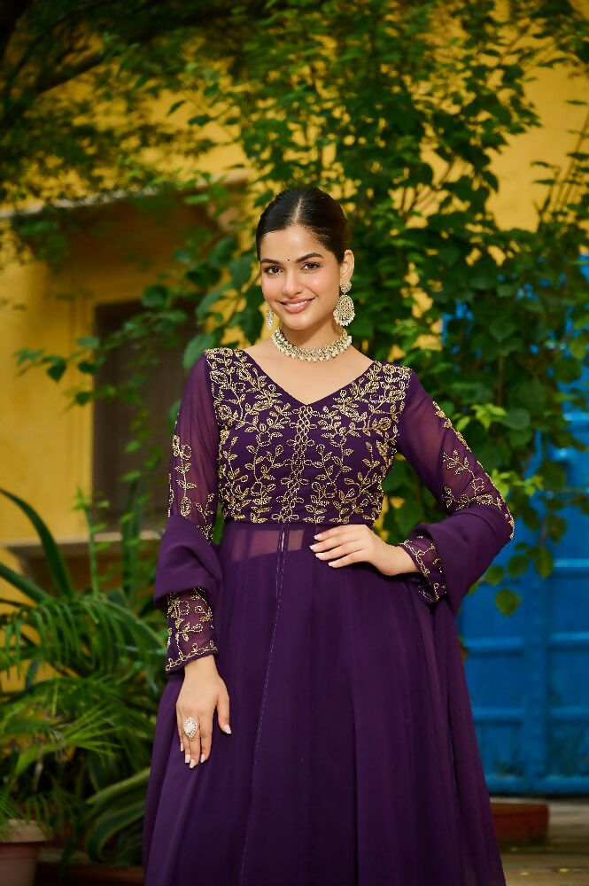 Joban Fashion Purple Readymade Kurta Set With Sequence embroidery Work - Distacart