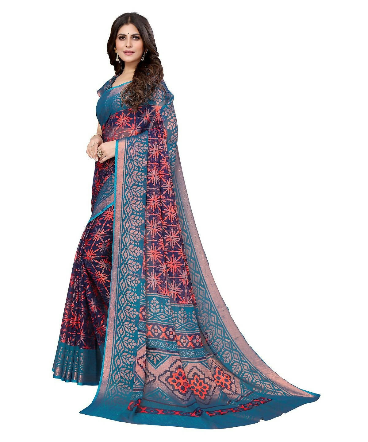 Vamika Navy Blue Chiffon Brasso Bollywood Style Woven Saree (DEVINA NAVY) - Distacart