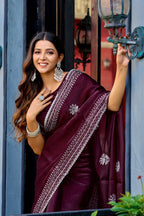 Vastranavya Wine Embroidery Work Shimmer Chiffon Saree with Unstitched Blouse - Distacart