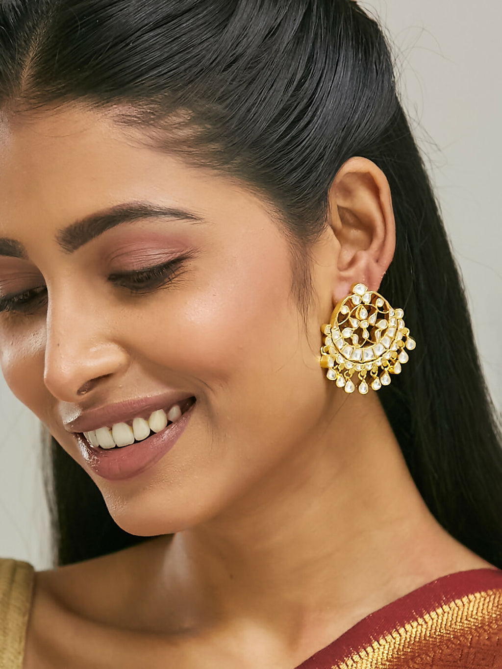 Nuyug 22K Gold-Plated Kundan Stone Studded & Pearl Beaded Moon Chandbalis - Distacart