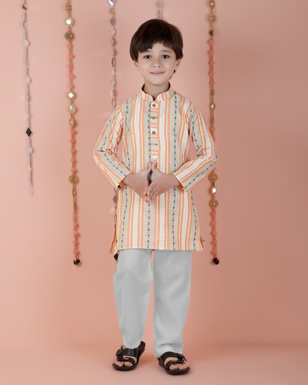 Joban Fashion Kids Island Cotton Full Sleeves Striped Kurta and Pyjama- Orange