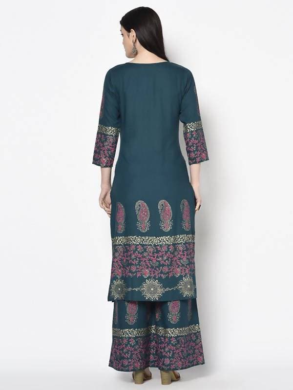 Aniyah Rayon Teal Blue Color Block Print Straight Kurta Palazzo Set (AN-223K)
