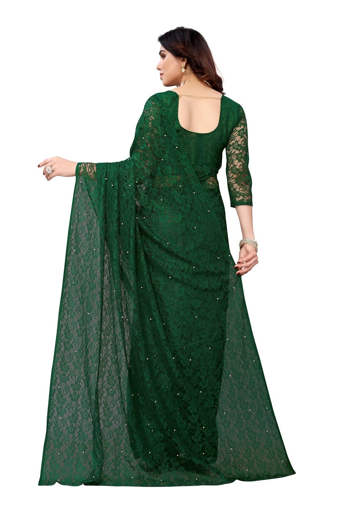 Vamika Ethnic Fire Green Pearls Net Saree - Distacart