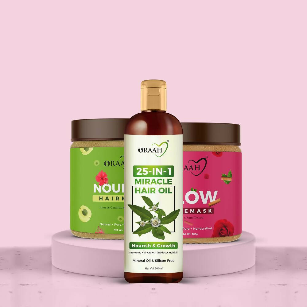 Oraah Beauty Care Combo (Hair Oil + Hair Mask + Glow Face Mask)