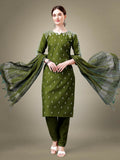 Jyoti Fashion Women's Mehendi Cotton Blend Embroidery & Sequence work Kurta with Trouser & Dupatta