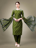 Jyoti Fashion Women's Mehendi Cotton Blend Embroidery & Sequence work Kurta with Trouser & Dupatta