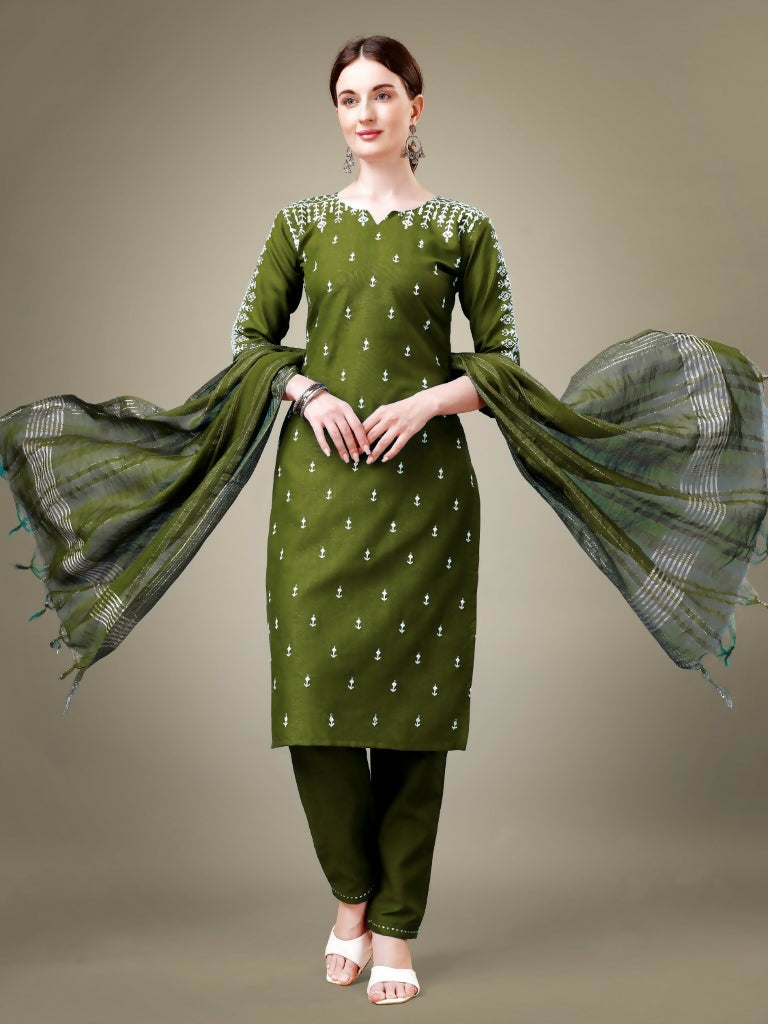 Jyoti Fashion Women's Mehendi Cotton Blend Embroidery & Sequence work Kurta with Trouser & Dupatta