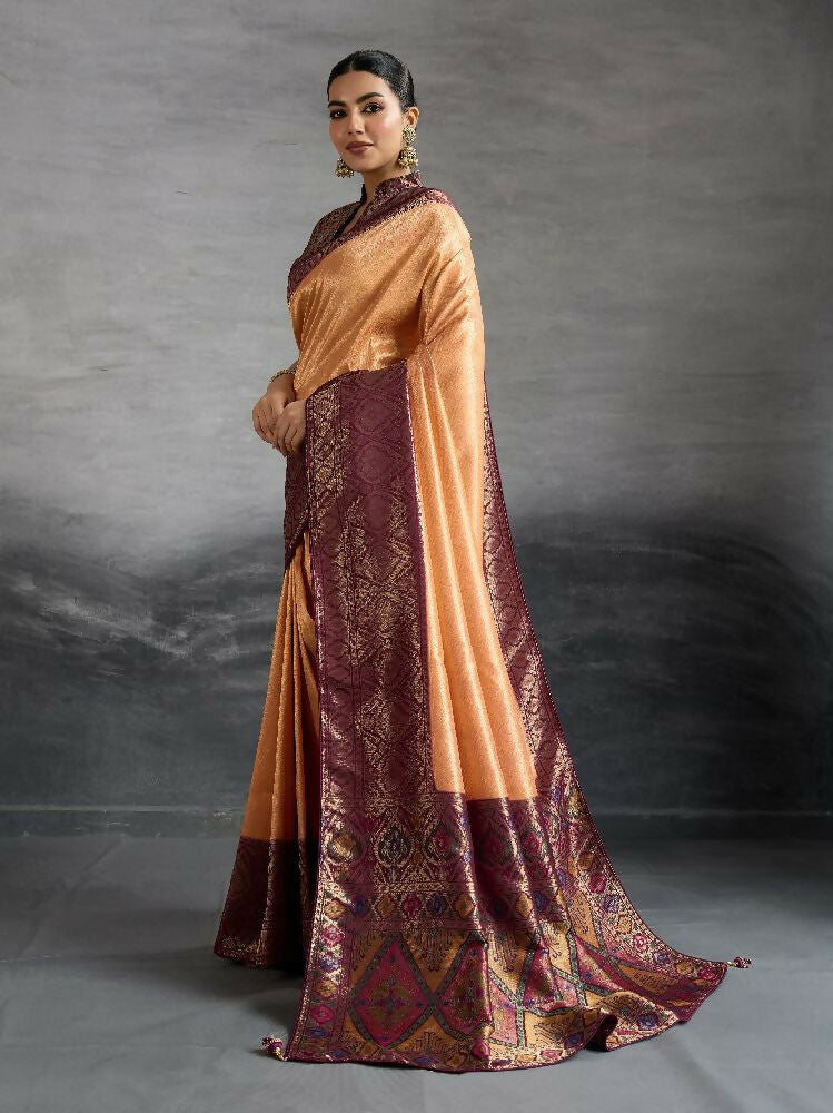 PR Fashion Coffee Kanjivaram Soft Silk Kadiyal Pattern Double Zari Woven Patta, Meenakari Woven Pallu Saree
