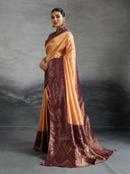 PR Fashion Coffee Kanjivaram Soft Silk Kadiyal Pattern Double Zari Woven Patta, Meenakari Woven Pallu Saree