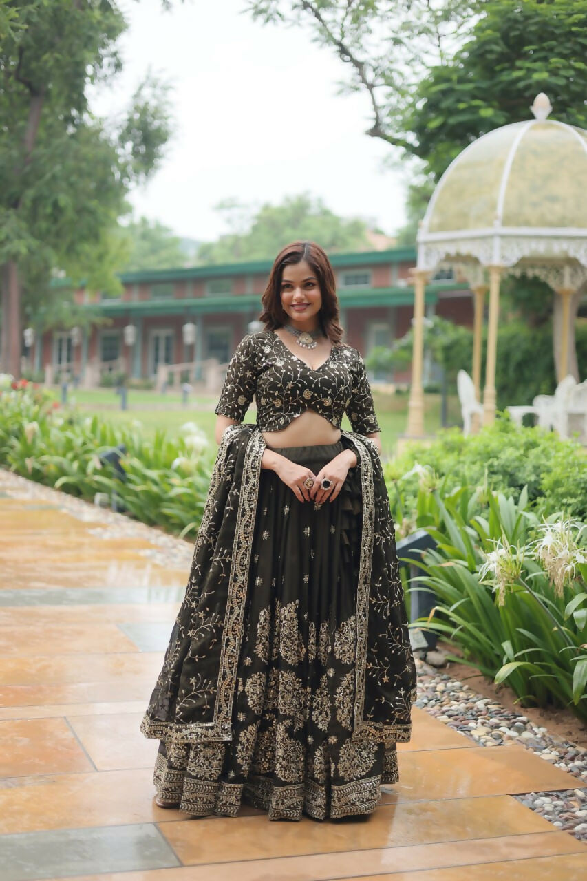 Vastranavya Designer Heavy Sequins & Thread Embroidered work Lehenga Choli - Olive Green