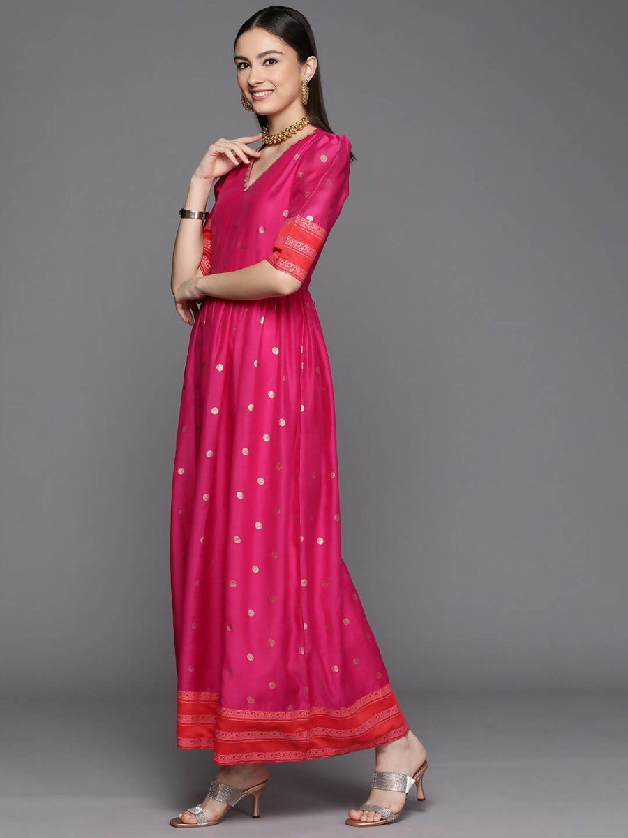 Ahalyaa Women's Pink Chanderi Gold Foil Print Dress - Distacart