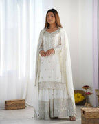 Joban Fashion White Kurta Set Silk Sequins , Zari, Coding & Thread Embroidered work - Distacart