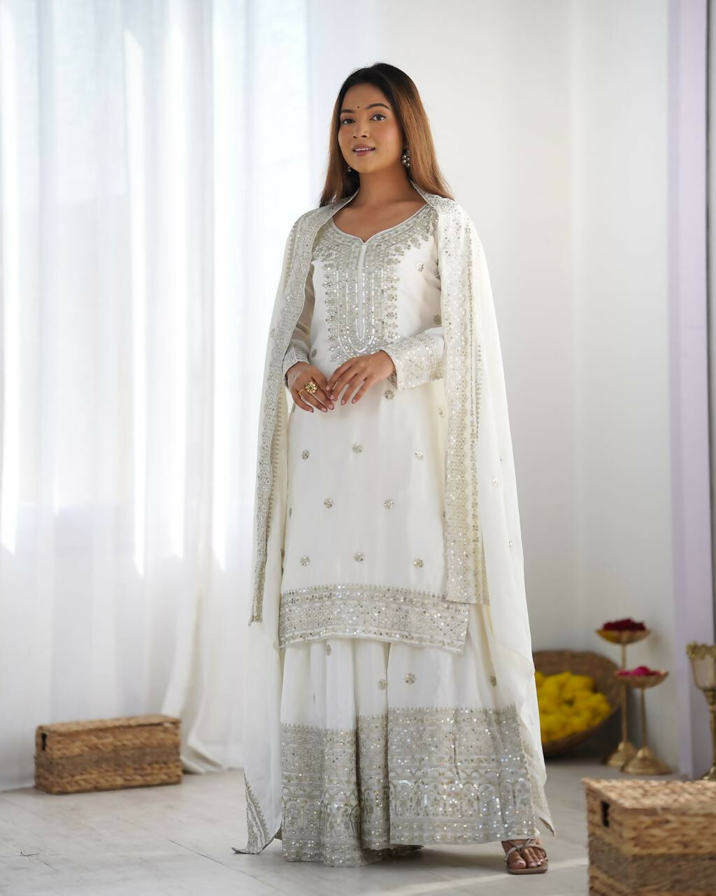 Joban Fashion White Kurta Set Silk Sequins , Zari, Coding & Thread Embroidered work - Distacart