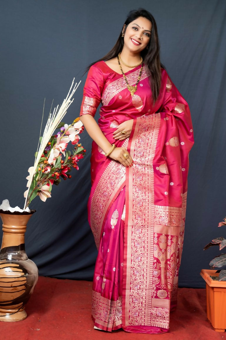 Jyoti Fashion Women's Gajri Red Paithani Silk Zari Woven Saree with Blouse - Distacart